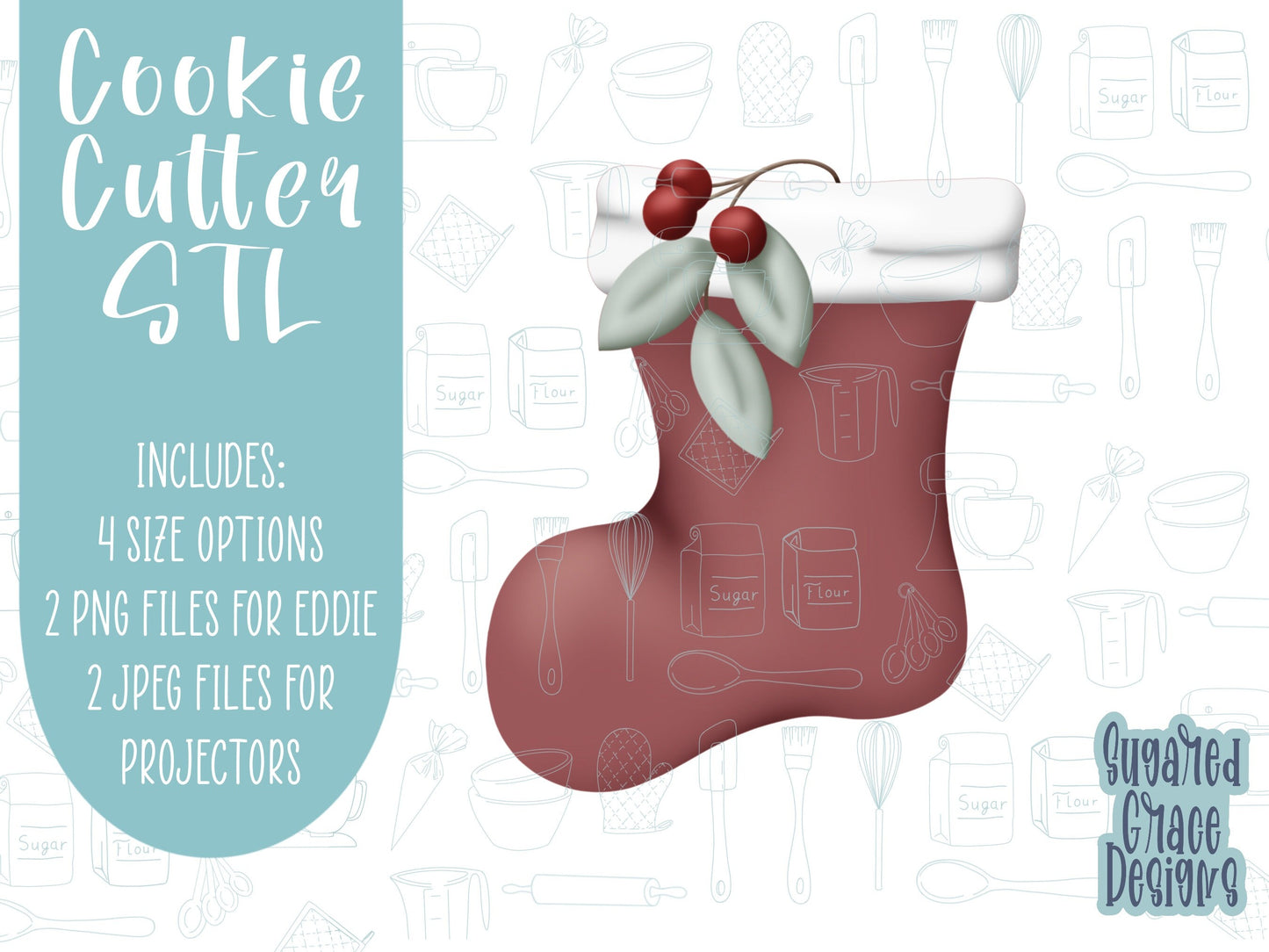 Christmas stocking Cookie cutter STL file for 3D printing with png printable instant download for EDDIE edible ink printer, Christmas cookie