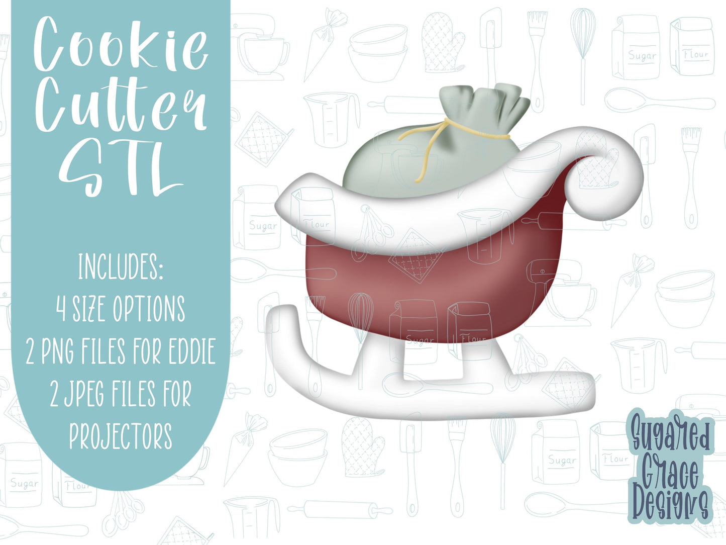 sleigh Cookie cutter STL file for 3D printing with png printable instant download for EDDIE edible ink printer, Christmas cookie cutter