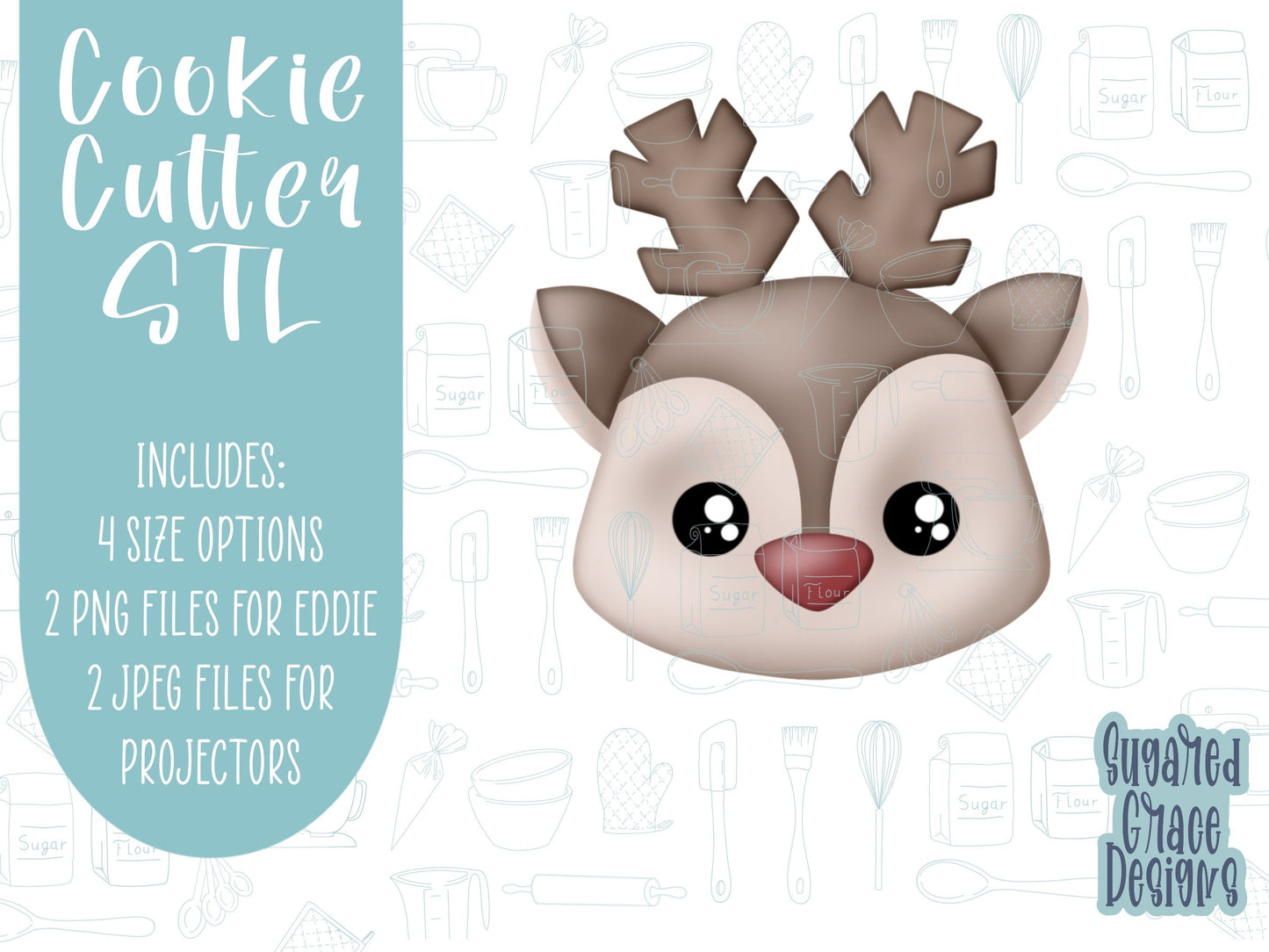 Red nosed reindeer Cookie cutter STL file for 3D printing with png printable instant download for EDDIE edible ink printer, Xmas cutter stl