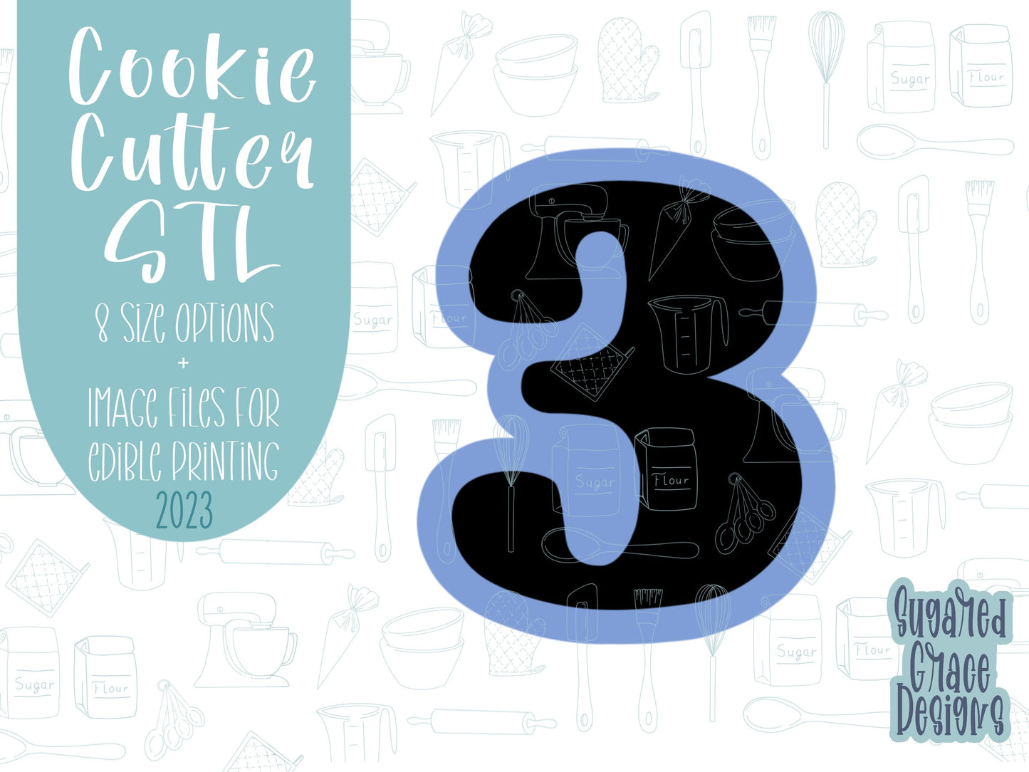 Number three Cookie cutter stl, png image file, 3D printing, instant download, Eddie edible ink printer, simple number cookie cutter stl