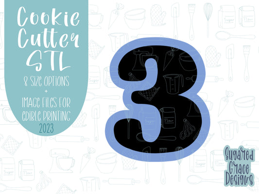 Number three Cookie cutter stl, png image file, 3D printing, instant download, Eddie edible ink printer, simple number cookie cutter stl