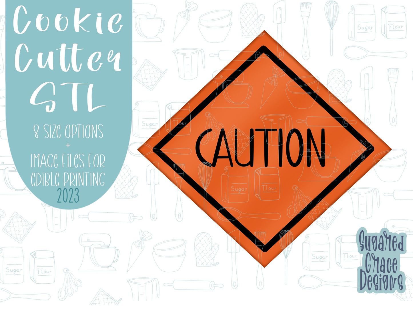 caution sign cookie cutter stl file for 3D printing with png printable instant download for Eddie the edible printer, construction cookie
