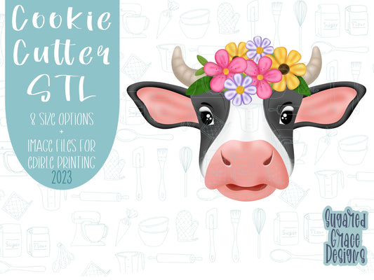 Floral cow cookie cutter stl file for 3d printing with png instant download printable for Eddie edible ink printer image file, mother heifer