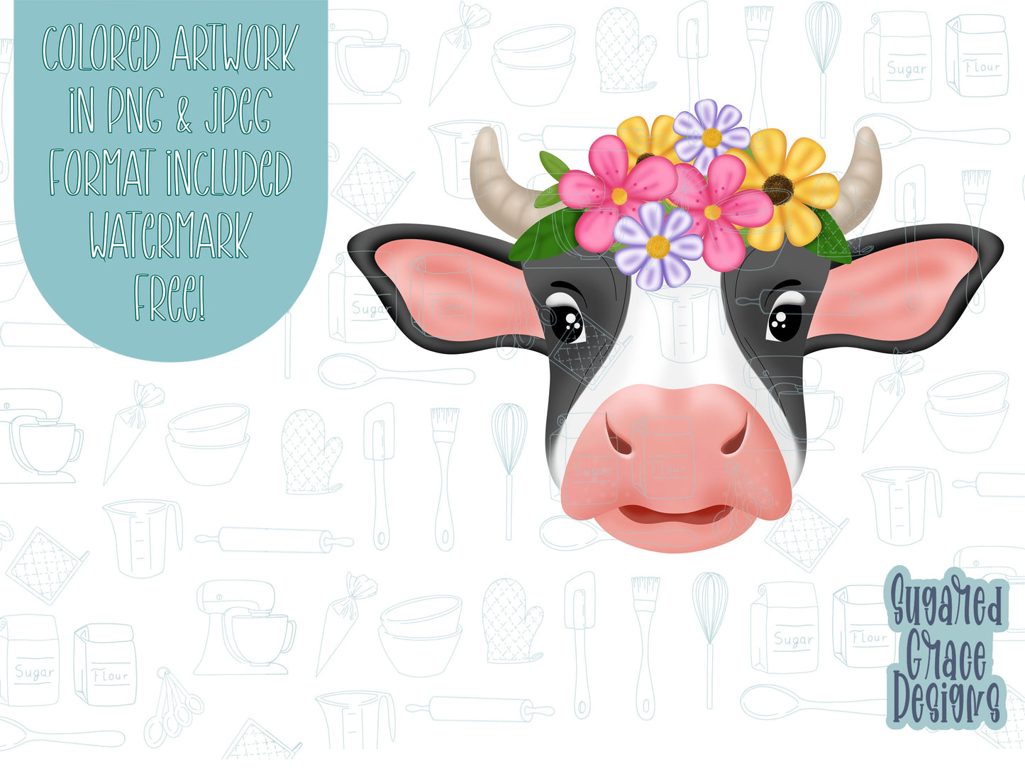 Floral cow cookie cutter stl file for 3d printing with png instant download printable for Eddie edible ink printer image file, mother heifer