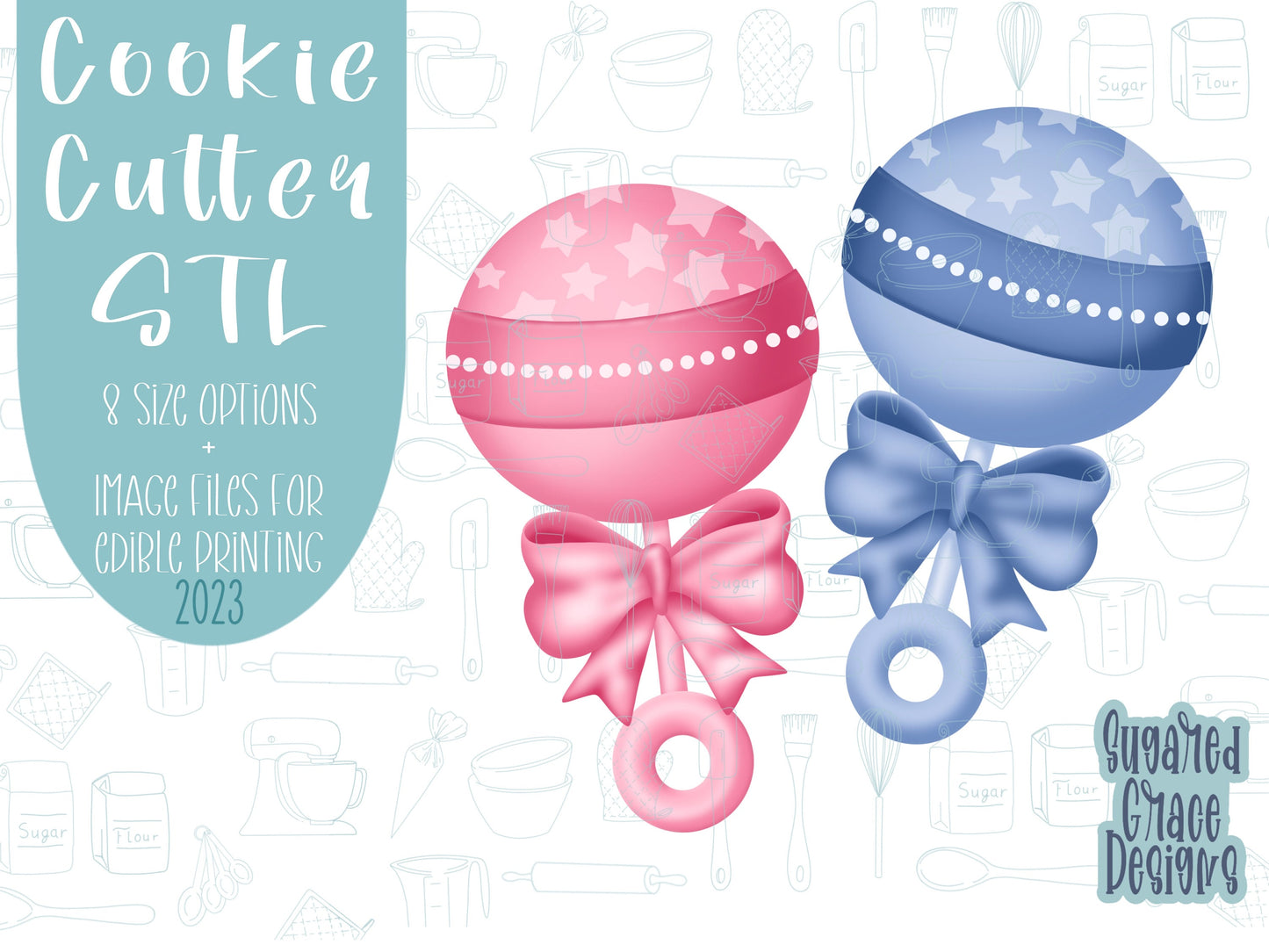 baby rattle Cookie cutter stl files for 3d printing with matching printable png images for Eddie edible printers