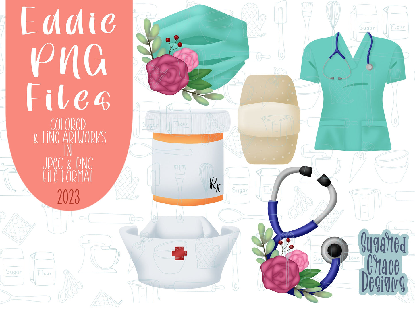 Nurse appreciation png graphic bundle set for Eddie edible printer, floral stethoscope, doctor scrubs and cap, Pill bottle royal icing image