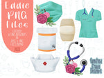 Nurse appreciation png graphic bundle set for Eddie edible printer, floral stethoscope, doctor scrubs and cap, Pill bottle royal icing image