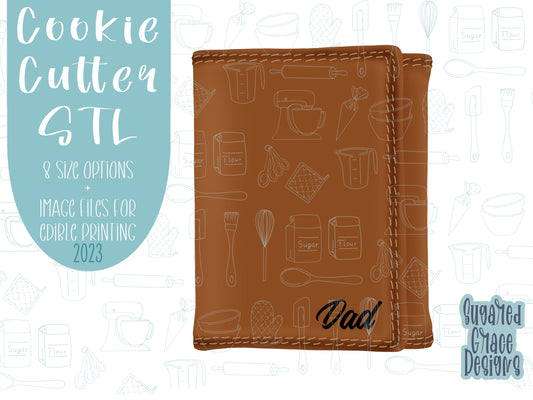 Brown leather wallet Cookie cutter stl files for 3d printing, printable png images for Eddie edible printers, masculine Father’s Day gift