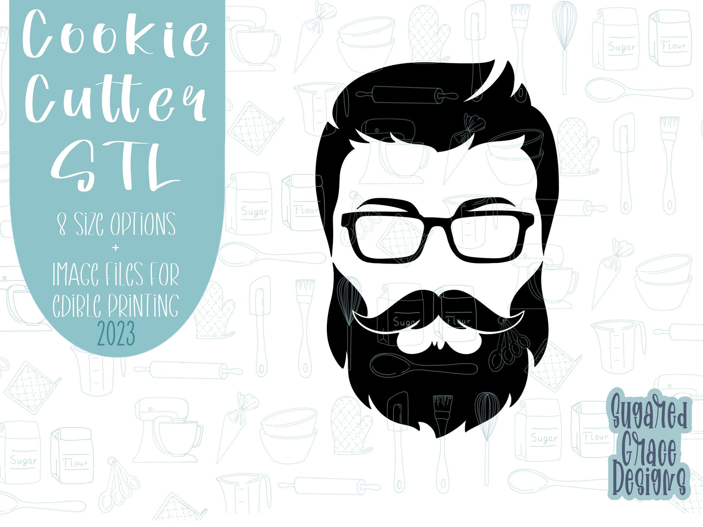 Cool dad Father’s Day Cookie cutter stl files for 3d printing, printable png images for Eddie edible printers, beard and sunglasses man face