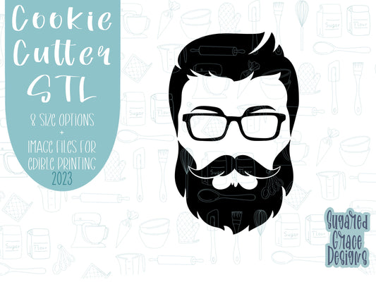 Cool dad Father’s Day Cookie cutter stl files for 3d printing, printable png images for Eddie edible printers, beard and sunglasses man face