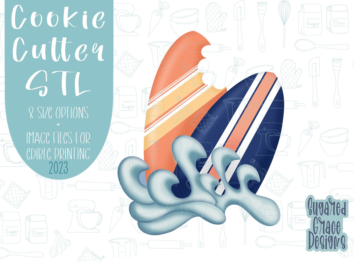 Surf boards Cookie cutter stl files for 3d printing, printable png images for Eddie edible printers, shark week, shark bite surf board