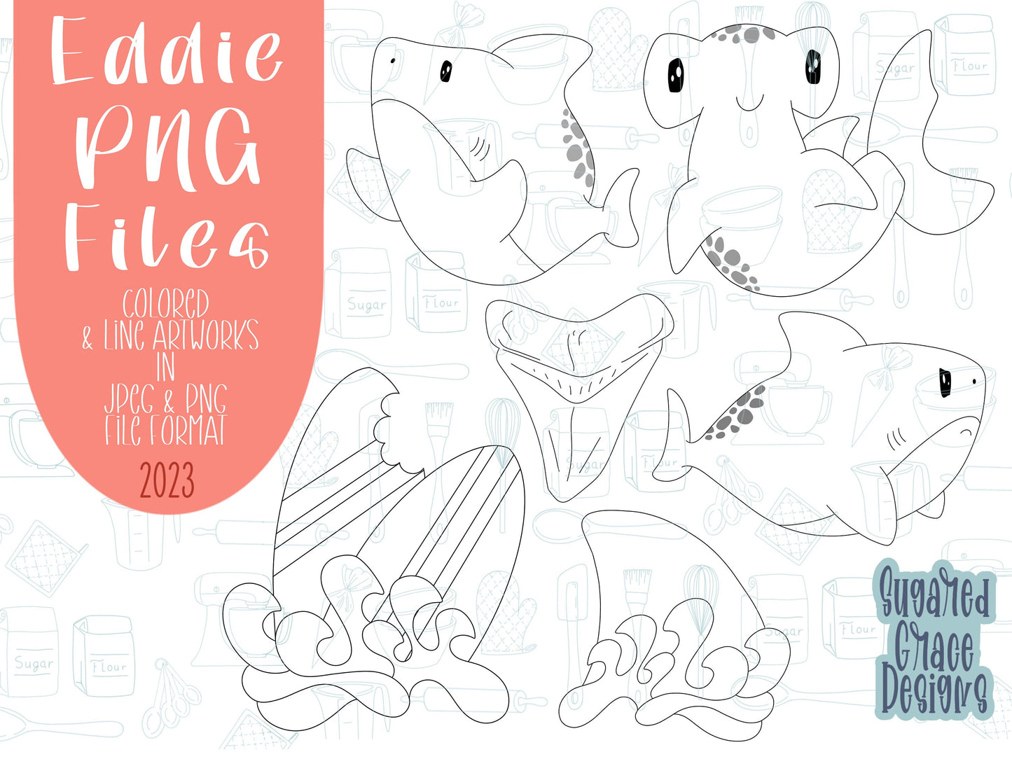 Shark week png graphic bundle set for Eddie edible printer, hammerhead shark royal icing image, ocean beach birthday party, surf boards