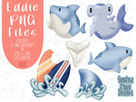 Shark week png graphic bundle set for Eddie edible printer, hammerhead shark royal icing image, ocean beach birthday party, surf boards