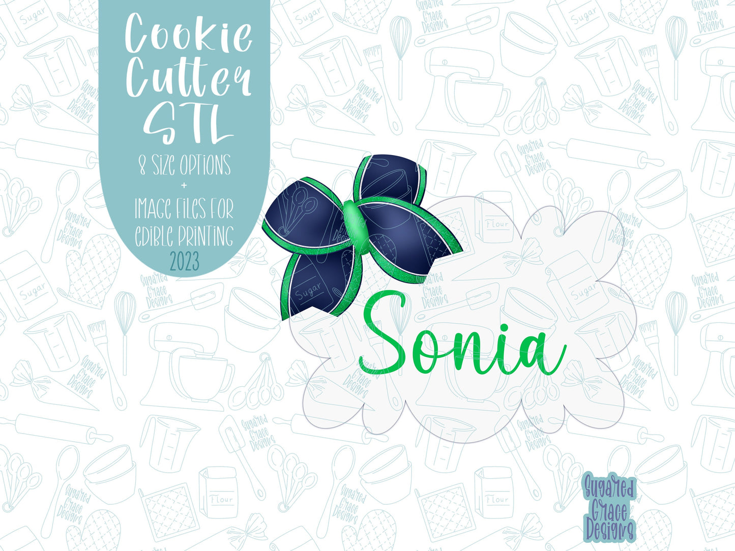 Cheer bow plaque cookie cutter stl file set for 3d printing with matching printable png images for Eddie edible printers