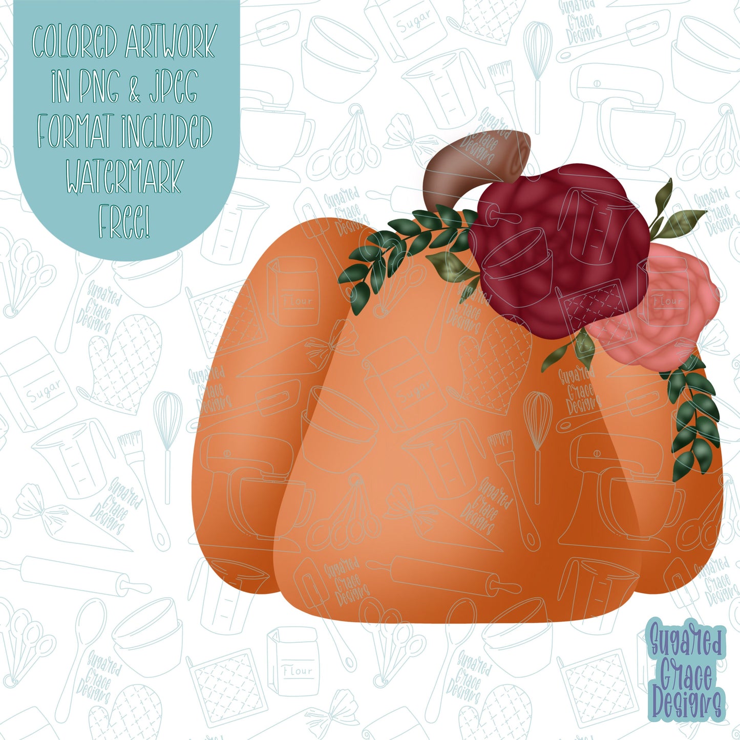 Fall floral Pumpkin Cookie cutter stl files for 3d printing with matching printable png images for Eddie edible printers, place setting